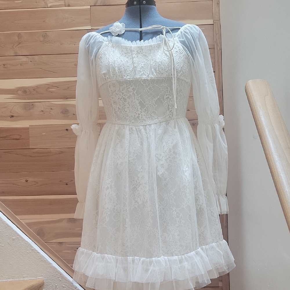 Cream Tiered Mini Dress with Bishop Sleeves